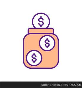 Money saving RGB color icon. Fund creation and raising. Voluntary donations. Save credits. Establish budget. Symbol with abstract meaning. Isolated vector illustration. Simple filled line drawing. Money saving RGB color icon