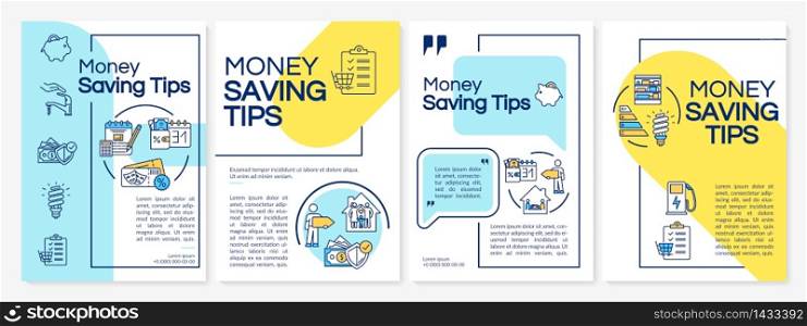 Money saving tips brochure template. Financial resources efficiency. Flyer, booklet, leaflet print, cover design with linear icons. Vector layouts for magazines, annual reports, advertising posters. Money saving tips brochure template