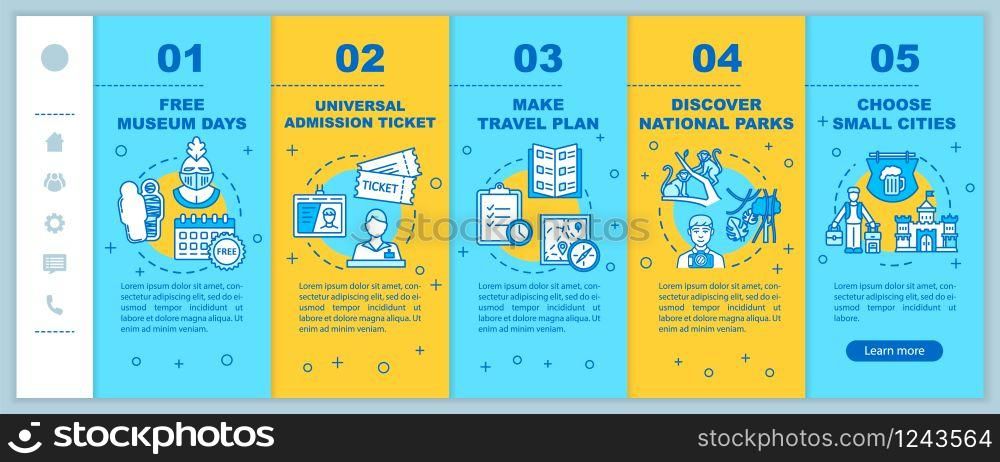 Money saving tips for travelers onboarding vector template. Affordable vacation, budget tourism. Responsive mobile website with icons. Webpage walkthrough step screens. RGB color concept