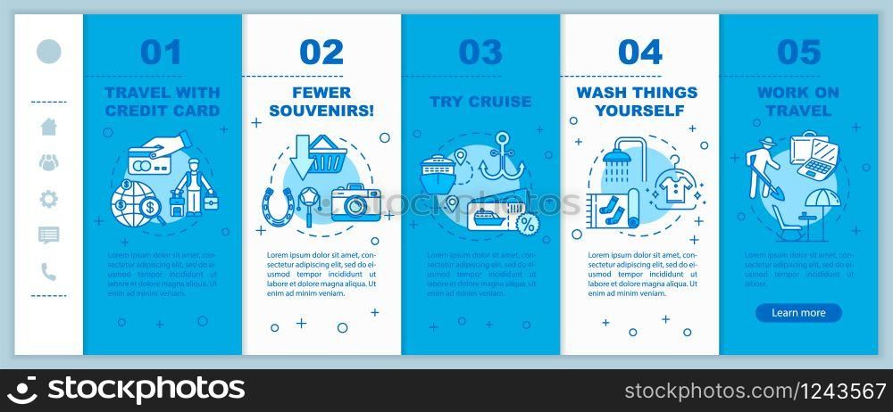Money saving travel tips onboarding vector template. Advice for budget travelers, affordable tourism. Responsive mobile website with icons. Webpage walkthrough step screens. RGB color concept