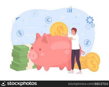 Money savings and investment flat concept vector illustration. Piggy bank. Editable 2D cartoon character on white for web design. Become rich creative idea for website, mobile, presentation. Money savings and investment flat concept vector illustration