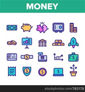 Money Savings, Banking Linear Vector Illustrations. Investment, Cash Money Thin Line Icon Set. Financial Transactions, Budgeting. Finance Management Contour Symbols. Payments Isolated Outline Drawings. Money Savings, Banking Linear Vector Illustrations