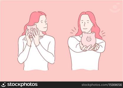 Money, savings, investment set concept. Cheerful merry teenager girl shaking money box with coins. Young happy student woman is saving her money, making bank deposit or investment. Simple flat vector. Money, savings, investment set concept