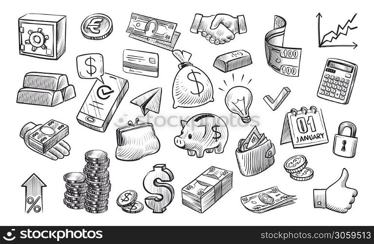 Money sketch. Hand drawn financial elements in sketch style, cash, gold and stack coins, safe and wallet, credit card and currency, bank payment and economy concept black vector isolated set. Money sketch. Hand drawn financial elements in sketch style, cash and stack coins, safe and wallet, credit card and currency, bank payment concept black vector isolated set