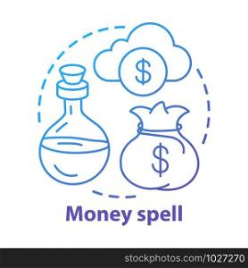 Money spell concept icon. Sorcery and alchemy idea thin line illustration. Financial and business success elixir. Cash bag, cloud and magic potion vector isolated outline drawing. Witchcraft service