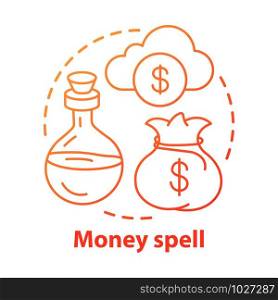 Money spell concept icon. Sorcery and alchemy idea thin line illustration. Wealth and financial success elixir. Cash bag, cloud and magic potion vector isolated outline drawing. Witchcraft service