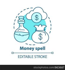 Money spell concept icon. Witchcraft and alchemy idea thin line illustration. Financial and business success potion. Cash bag, cloud and magic elixir vector isolated outline drawing. Editable stroke