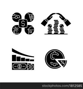 Money spending black glyph icons set on white space. Expense planning. Personal savings. Financial literacy. Understanding finance and economy. Silhouette symbols. Vector isolated illustration. Money spending black glyph icons set on white space