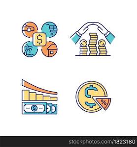 Money spending RGB color icons set. Expense planning. Personal savings. Financial literacy. Understanding finance and economy. Isolated vector illustrations. Simple filled line drawings collection. Money spending RGB color icons set