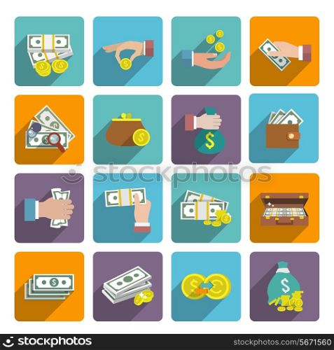 Money stack bag wallet icon flat set with investment market wealth elements isolated vector illustration