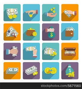 Money stack bag wallet icon flat set with investment market wealth elements isolated vector illustration