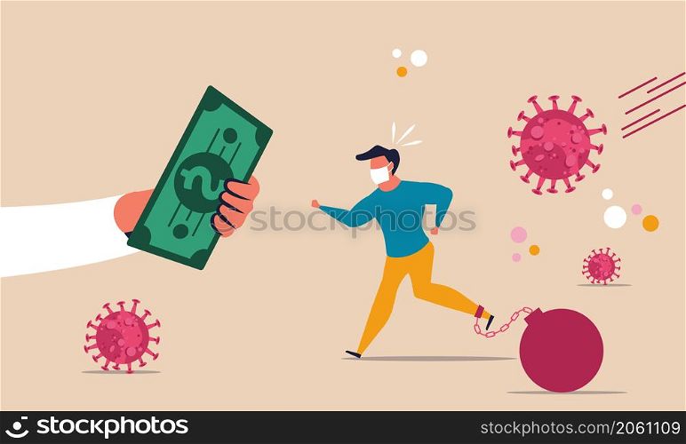 Money stimulus help finance business. Coronavirus first aid economics federal investor. Vector illustration support and recovery dollar wealth. Panic financial bankruptcy stock market deposit