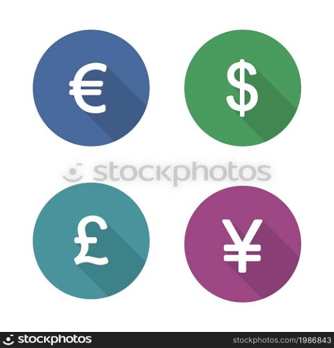 Money symbols flat design icons set. Currency long shadow silhouette signs. Usa dollar and Great Britain pound in color circles. Japanese yen and Europe euro badges. Vector economics infographic. Money symbols flat design icons set