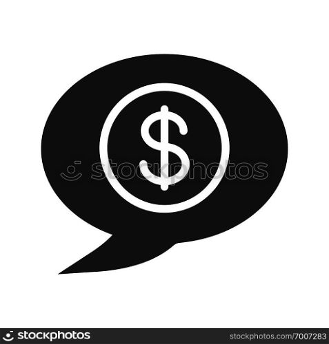 Money talk glyph icon. Silhouette symbol. Chat box with dollar coin inside. Business conversation. Negative space. Vector isolated illustration. Money talk glyph icon