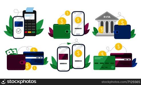Money transactions. Cash transfers, mobile payments using smartphone and credit card transfer. Digital banking terminal, online payment service. Isolated vector symbols illustration set. Money transactions. Cash transfers, mobile payments using smartphone and credit card transfer vector illustration set