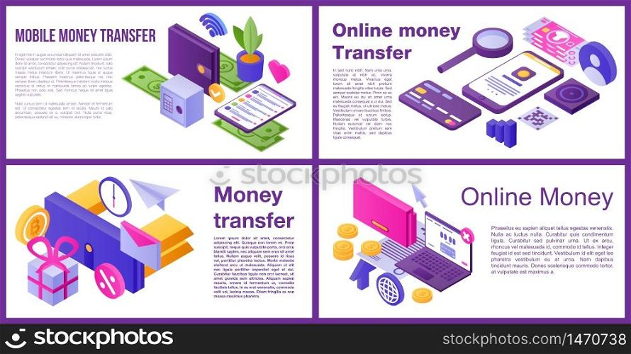 Money transfer banner set. Isometric set of Money transfer vector banner for web design. Money transfer banner set, isometric style
