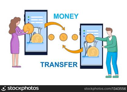 Money Transfer Banner. Tiny Man and Woman Put Gold Coins on Screen of Giant Smartphone Isolated on White Background. Online Banking in Mobile Phone Application. Linear Cartoon Flat Vector Illustration. Online Banking in Mobile Phone Application Banner.