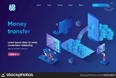 Money transfer concept 3d isometric web landing page. People make financial transactions using mobile banking, send and receive finance to their accounts. Vector illustration for web template design