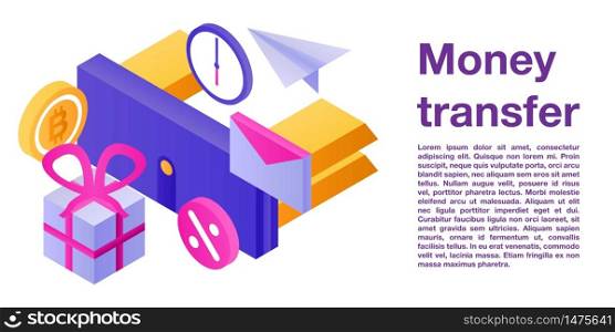 Money transfer concept banner. Isometric illustration of money transfer vector concept banner for web design. Money transfer concept banner, isometric style