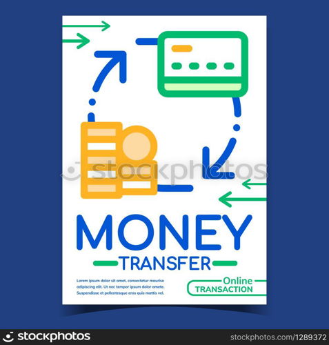 Money Transfer Creative Advertising Banner Vector. Money Internet Online Transaction. Coins Heap On Credit Card. Financial Bank Account Concept Template Stylish Colorful Illustration. Money Transfer Creative Advertising Banner Vector