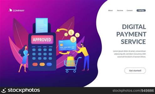 Money transfer. Financial services. POS terminal. Online shopping. Payment processing, easy payment systems, digital payment service concept. Website homepage landing web page template.. Payment processing concept landing page