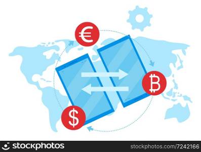 Money transfer flat vector illustration. International financial transactions and exchange rates cartoon concept. Remittance service. E payment gateway, fintech. Peer to peer global payments metaphor