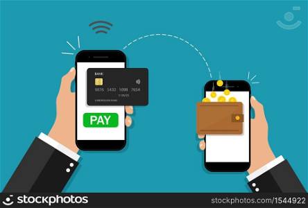 Money transfer from phone. Online payment in mobile. Hand holding smartphone with transaction of cashback, pay. Send, receive money from card on electronic wallet. App with wireless, easy pay. Vector.. Money transfer from phone. Online payment in mobile. Hand holding smartphone with transaction of cashback, pay. Send, receive money from card on electronic wallet. App with wireless, easy pay. Vector