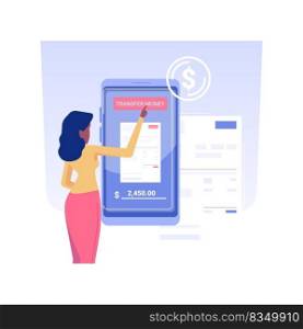 Money transfer isolated concept vector illustration. Person transfer money with smartphone and online banking app, commercial bank, modern technology, manage transactions vector concept.. Money transfer isolated concept vector illustration.