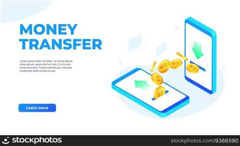 Money transfer on mobile phones. Dollar coins flying from one smartphone to other. Sending and receiving money wirelessly, bank payment application landing page vector illustration. Money transfer on mobile phones. Dollar coins flying from one smartphone to other. Sending and receiving money