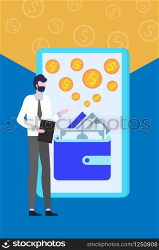 Money Transfer Online Wallet Smartphone Application Personal Assistant Vector Illustration. Man Manager Customer Help Internet Banking Credit Card App Mobile Shopping Payment Technology. Money Transfer Wallet Smartphone App Customer Help