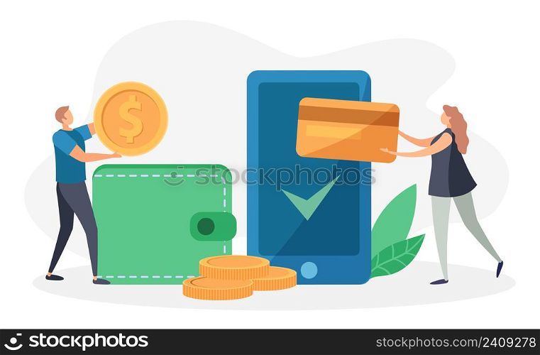 Money transfer. People paying wireless using smartphone. Mobile payments, internet transaction technology. Man taking coin from purse. Wallet with cash, financial concept vector illustration. Money transfer. People paying wireless using smartphone. Mobile payments, internet transaction technology