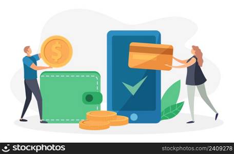 Money transfer. People paying wireless using smartphone. Mobile payments, internet transaction technology. Man taking coin from purse. Wallet with cash, financial concept vector illustration. Money transfer. People paying wireless using smartphone. Mobile payments, internet transaction technology