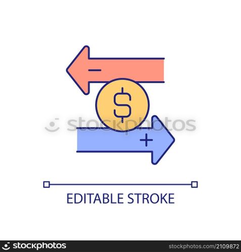 Money transfer RGB color icon. Cash transaction. Online banking service. Payment and purchasing. Isolated vector illustration. Simple filled line drawing. Editable stroke. Arial font used. Money transfer RGB color icon