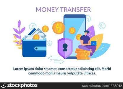 Money Transfer. Wallet to Mobile Phone Application Vector Illustration. Secure Online Transaction. Electronic Money Payment. Smartphone Shopping. Dollar Euro Symbol Coin. NFC Service Internet Trade. Money Transfer Wallet to Mobile Phone Application