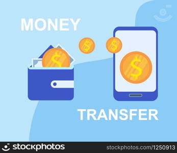 Money Transfer Wallet to Smartphone Application Vector Illustration. Online Purchase Internet Banking Credit Card App Mobile Shopping Cashless Payment Technology Wireless Transaction. Money Transfer Wallet to Smartphone Application