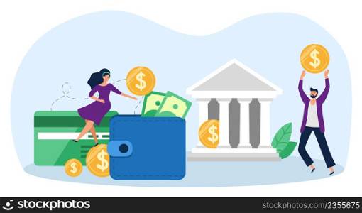 Money transfers concept. Woman sitting on credit card, withdrawing cash. Wallet with dollar banknotes and coins. Sending money to male character. Man holding earnings near bank vector. Money transfers concept. Woman sitting on credit card, withdrawing cash. Wallet with dollar banknotes and coins
