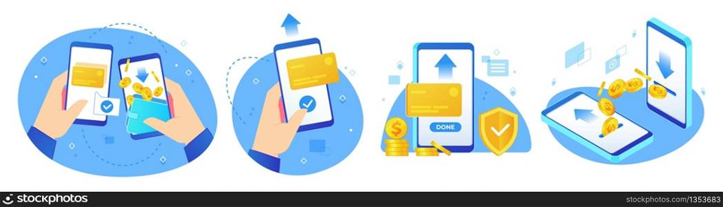 Money transfers. Online shopping, digital payments and hand handing phone with coins transfer app vector illustration set. Payment business, finance shopping label collection. Money transfers. Online shopping, digital payments and hand handing phone with coins transfer app vector illustration set