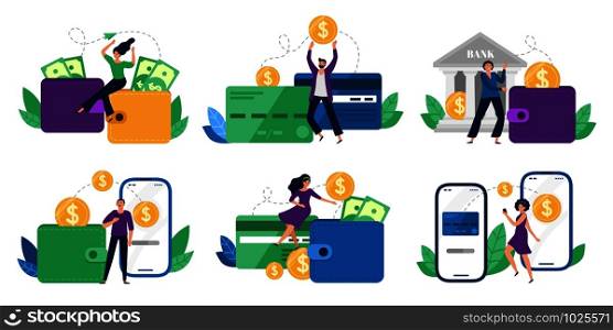 Money transfers. People sent money from wallet to bank card, mobile payments and financial transactions. Work transfer credit card process payment. Flat isolated vector illustration icons set. Money transfers. People sent money from wallet to bank card, mobile payments and financial transactions vector illustration set