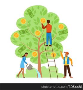 Money tree. Characters picking cash from money tree, income growing metaphor, investors strategy profitable startup business vector success investment concept. Money tree. Characters picking cash from money tree, income growing metaphor, investors strategy profitable startup business vector concept
