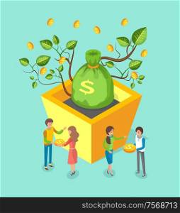 Money tree growing from flowerpot vector, plant with leaves. Box with soil for flora giving golden coins, economic growth, people with dollars dealing. Money Tree Growing Flowerpot, Plant with Leaves
