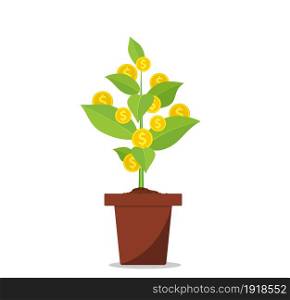 Money tree in flower pot icon on white background. Houseplant with golden coins on it. Vector illustration in flat style. Money tree in flower pot