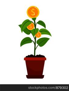 Money tree in flower pot vector icon on white background. Houseplant with golden coins on it. Money tree in flower pot