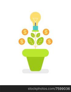 Money tree in green pot, coins and light-bulb decorations, currency symbol with leaves, growth plant, economic and marketing object, finance vector. Plant and Coins, Dollar Sign, Money Tree Vector