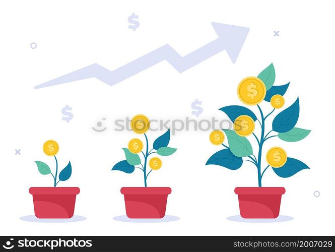 Money Tree of Financial Business Investment Profit Flat Design Vector Illustration with Dollar Banknotes and Golden Coins for Poster or Background