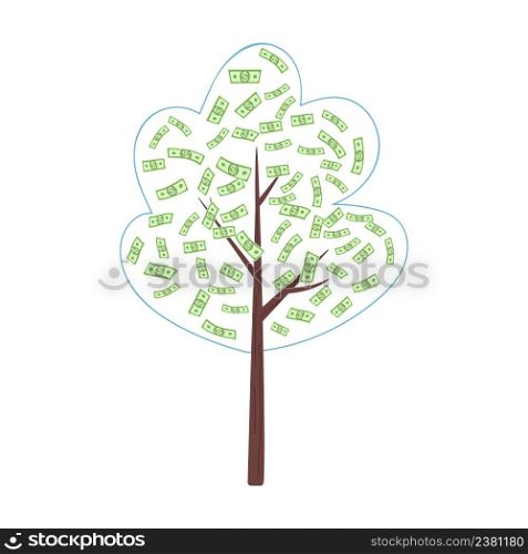 Money tree semi flat color vector object. Full sized item on white. Tree with banknotes. Element of nature preserve simple cartoon style illustration for web graphic design and animation. Money tree semi flat color vector object