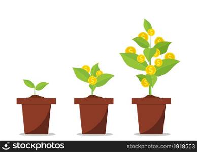 Money tree with coins growing. Financial Growth Concept. vector illustration in flat style. Money tree with coins growing