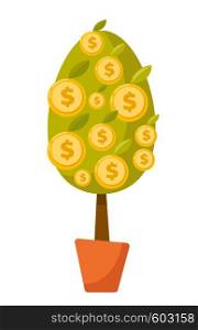 Money tree with dollar coins in a pot. Vector cartoon illustration isolated on white background.. Money tree with coins vector cartoon illustration.