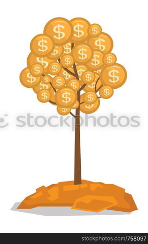 Money tree with golden coins vector flat design illustration isolated on white background.. Money tree with golden coins vector illustration.