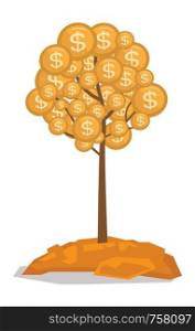 Money tree with golden coins vector flat design illustration isolated on white background.. Money tree with golden coins vector illustration.
