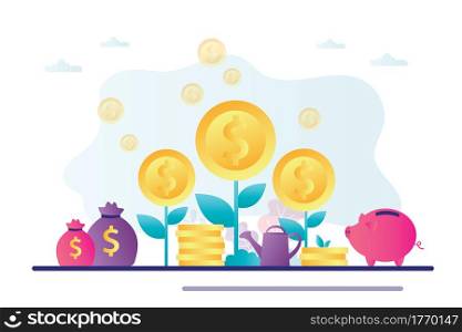 Money trees, piggy bank and bags of coins. Venture fund, investment concept banner. Bank development, economics strategy. Accumulation of money, preservation of capital. Flat vector illustration. Bank development, economics strategy. Accumulation of money, preservation of capital.